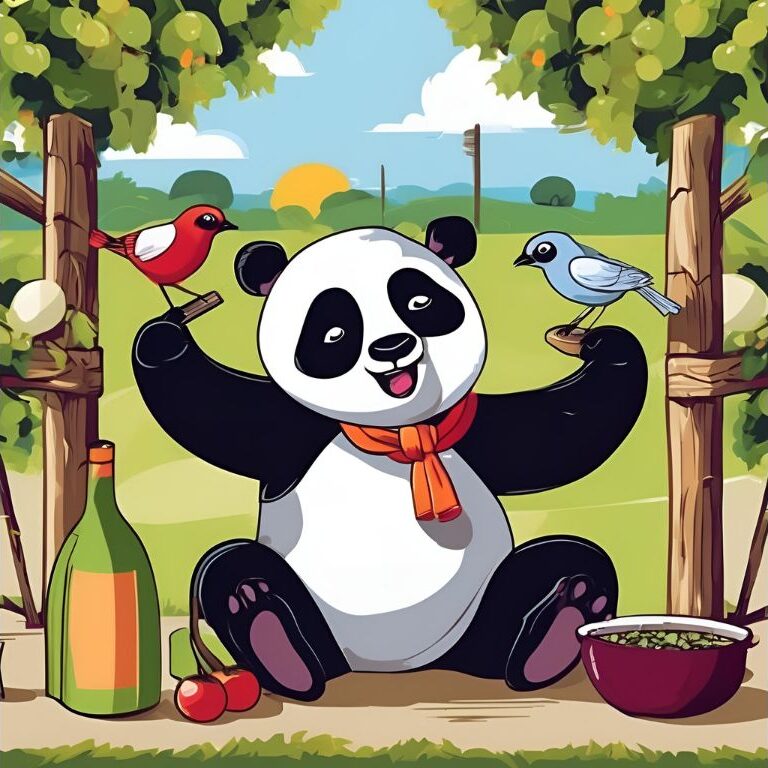 Panda with Birds enjoying food and drink