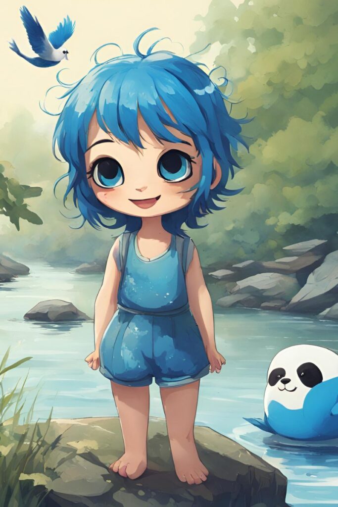 An AI generated picture of a water sprite, Melusina with a bird and panda in the background